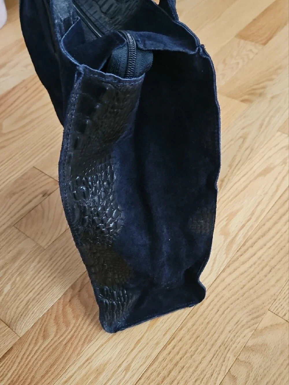 Navy Suede Tote with Black Croc Embossed Center